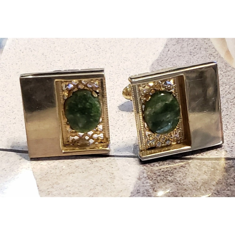 Vintage Dante Jade Cufflinks Gold Tone 3/4" Square Mid Century Groom Gift cl-